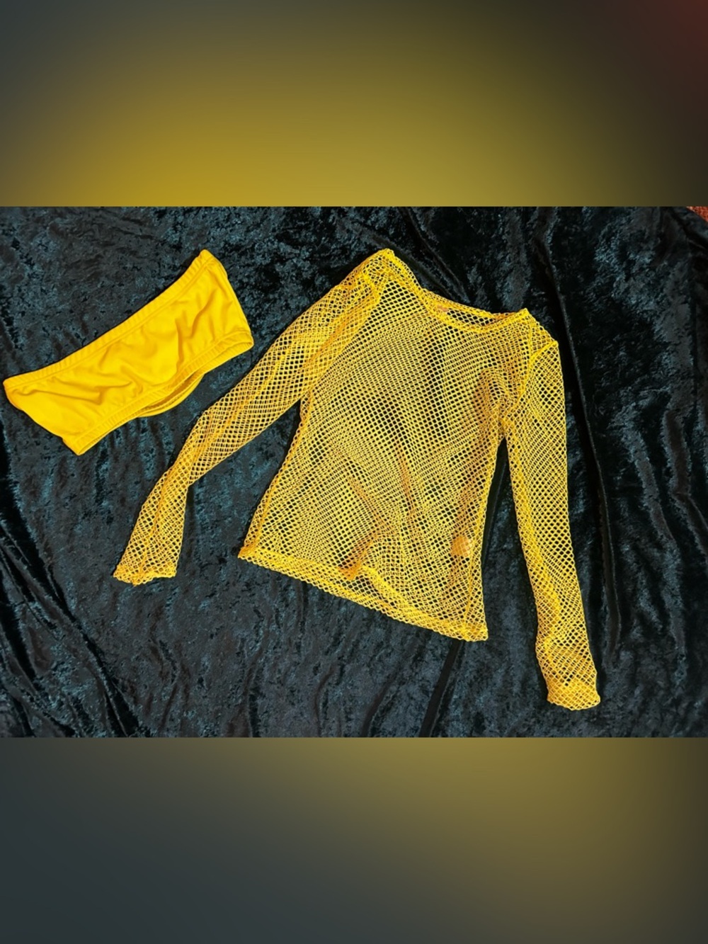 Two Piece Neon Yellow Fishnet Long Sleeve Top and Tube Top